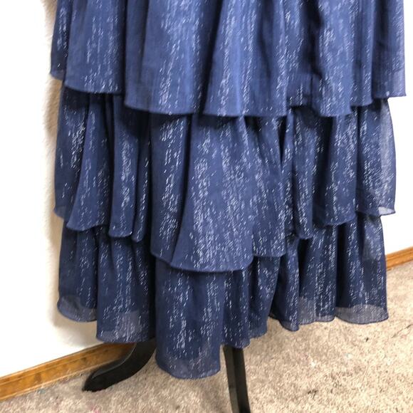 IEENA for Mac Duggal navy metallic tiered ruffle sleeveless midi formal dress 4 - Picture 12 of 16